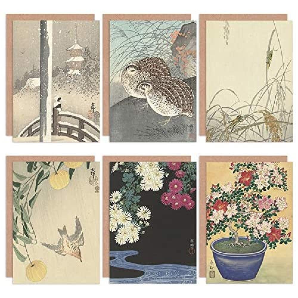 Artery8 Ohara Koson Japanese Azalea Chrysanthemums Cuckoo Grasshoppers Quail Snow Fine Art Greeting Card Pack of 6