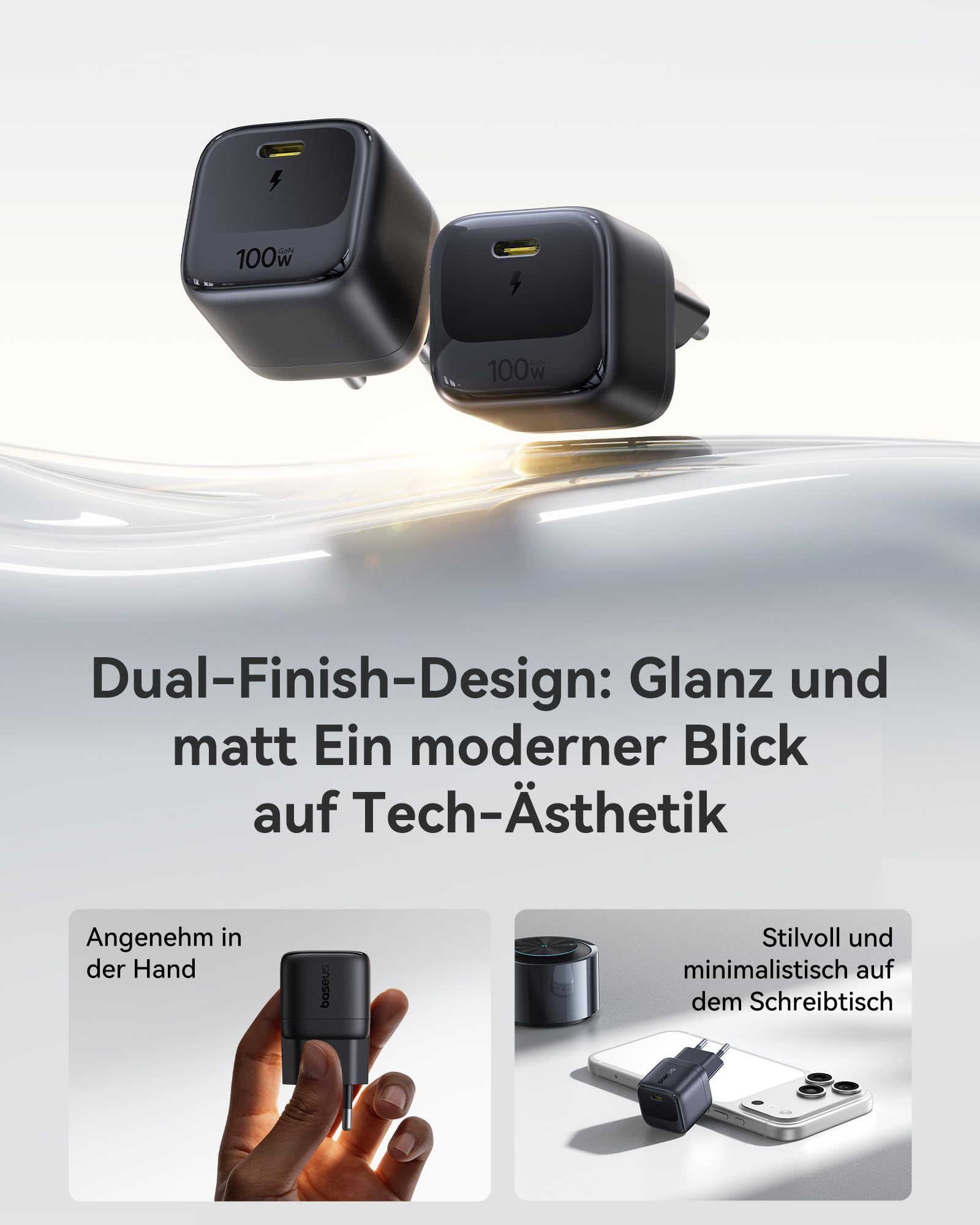 Baseus Enerfill 100W USB C Ladegerät, Kompaktes PD Schnellladegerät, GaN Netzteil für MacBook Pro/Air, iPad Pro, iPhone 17/16/15, Samsung Galaxy S25/S24, Laptop (inkl. 1m USB-C Kabel) 4