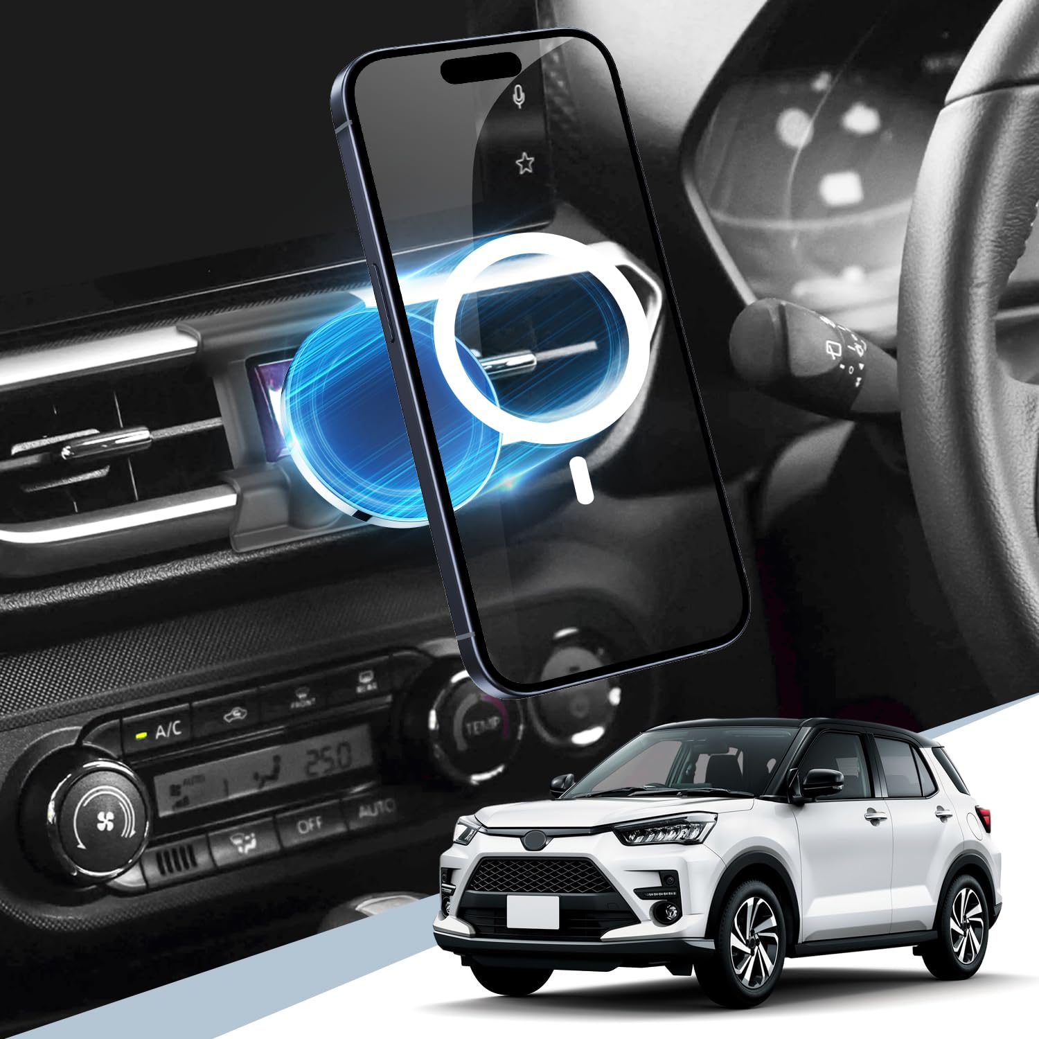BIBIBO トヨタ ライズ ダイハツ ロッキー 専用 スマホホルダー マグネット ライズ ロッキー アクセサリー Magsafe対応 車 スマホスタンド 超強磁力 エアコン 吹き出し口 360度回転 片手操作 安定 電波干渉なし iPhone15/14/13/12 シリーズ Magsafeケース 対応 の商品画像