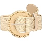 SUOSDEY Straw Woven stretchy Waist Belt for Women Dresses,Wide Boho Braided Elastic Belt with Round Buckle