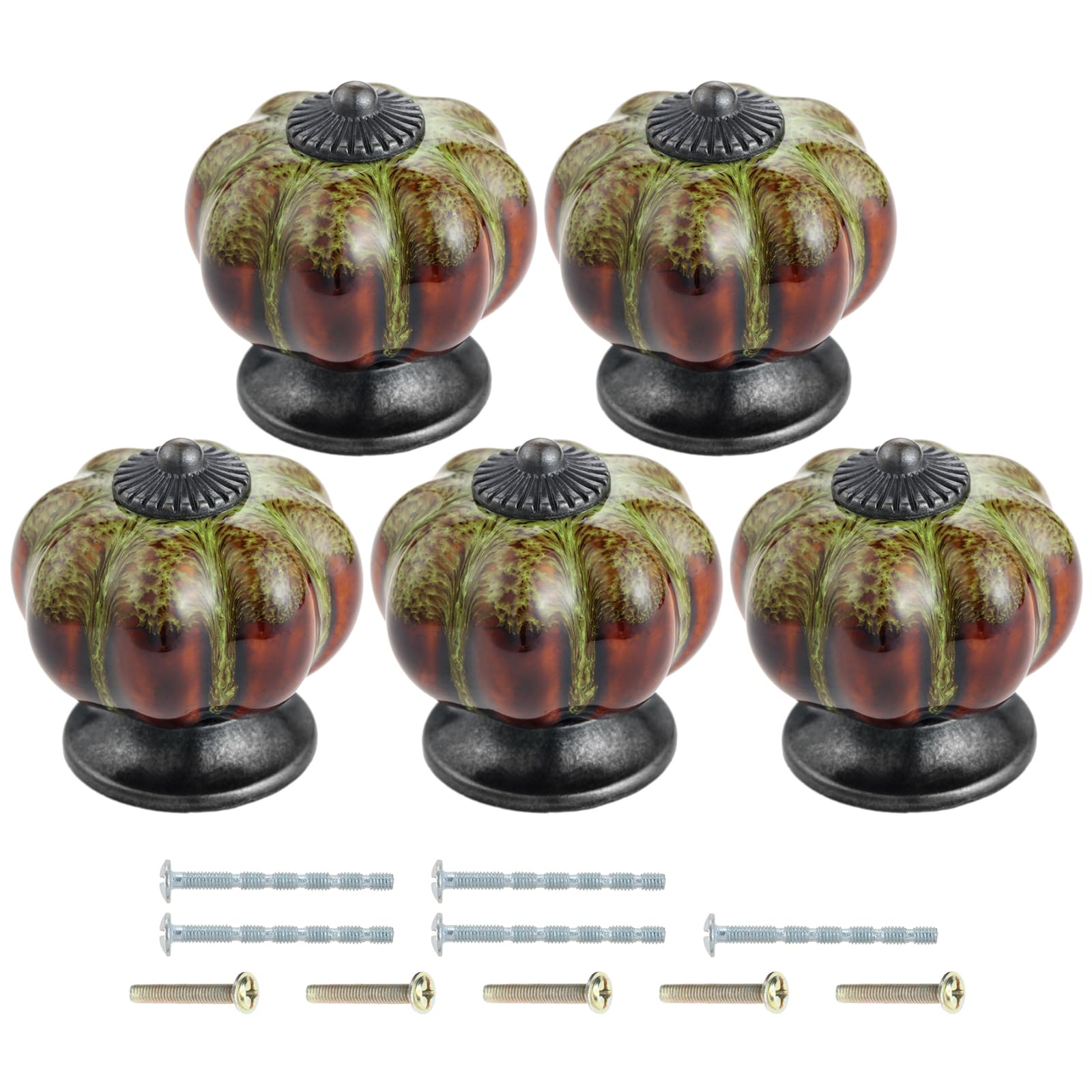 Mgoodoo 5pcs Antique Pumpkin Ceramic Door Knob for Cabinets Cupboard Dresser Drawers Kitchen Furniture Handles Pulls Leopard Green