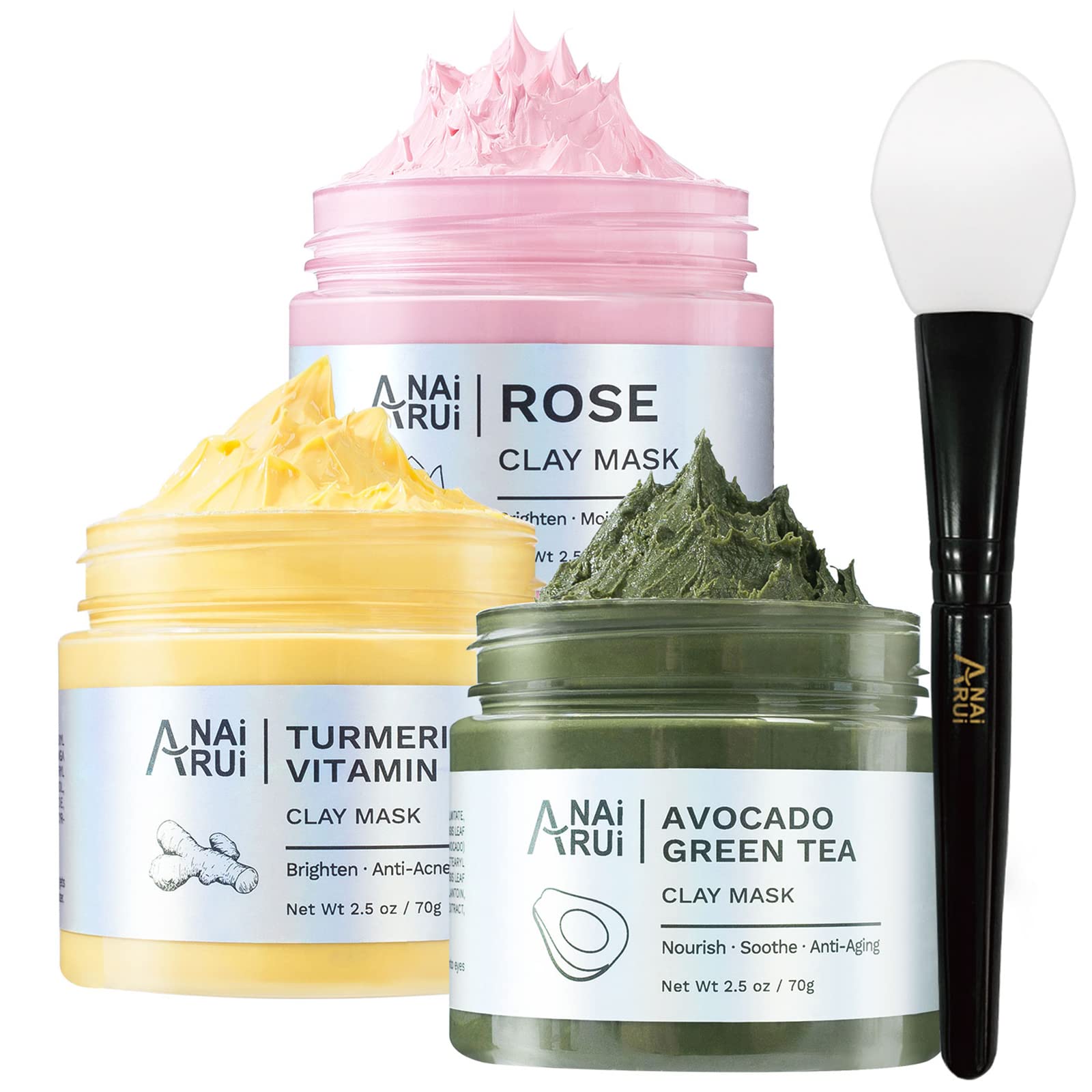 ANAiRUi Clay Mask Set for Skin Care - included Turmeric Vitamin C + Rose + Avocado Green Tea Face Mask - Deep Cleansing, Hydrating, and Nourishing - For Women and Men, 210g