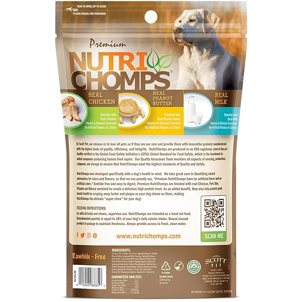NUTRI CHOMPS DOG CHEWS, 5-INCH TWISTS, EASY TO DIGEST, RAWHIDE-FREE DOG TREATS, 15 COUNT, REAL CHICKEN, PEANUT BUTTER AND MILK FLAVORS
