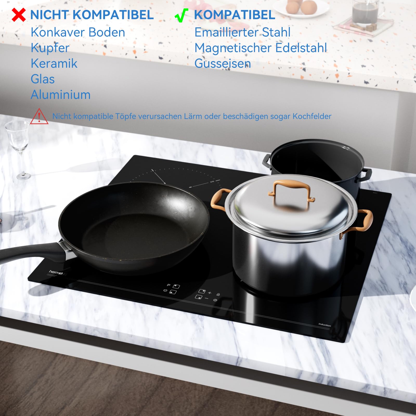 Hermitlux Induktionskochfeld 60cm, Einbau Kochfeld 4 Zonen mit Booster, 9 Leistungsstufen, Touch-Bedienung, Kindersicherung und Timer, 7200W 6