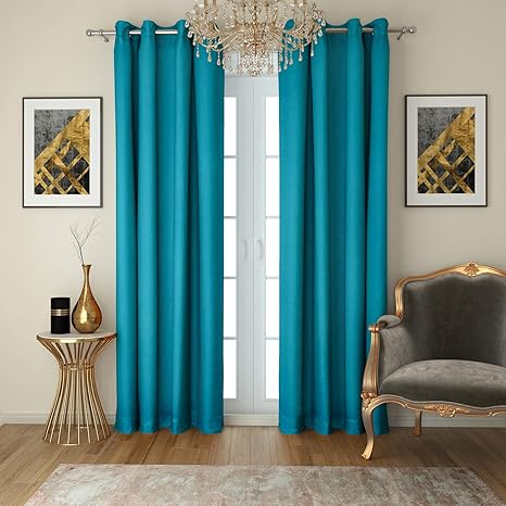 Swayam Blue Colour Solid Faux Silk Plain Blackout Eyelet Curtain