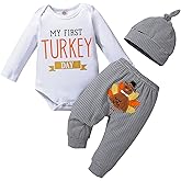 DOMOABEI My First Thanksgiving Baby Boy Outfits Thanksgiving Newborn Clothes Infant Turkey Romper Pants Hat 3Pcs 0-18 Months