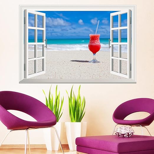 Amazon 3d自己粘着 偽窓壁画アートデカール ドリンク カクテル ビーチ 飲料 リフレッシュメント 装飾クリエイティブ壁紙用リビングルーム寝室ホーム 1 90cm ウォールステッカー オンライン通販