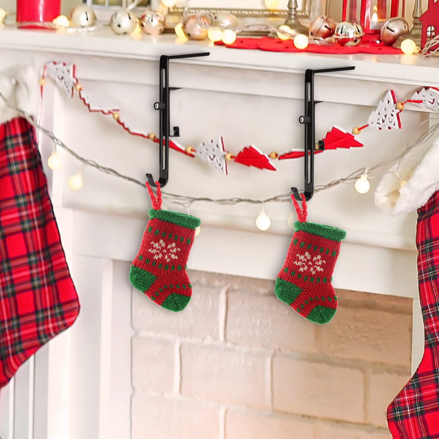 2pcs Adjustable Christmas Stocking Holders, Metal Stocking Hangers for Mantel Christmas Garland Hooks for Mantle Fireplace Shelf (Black)