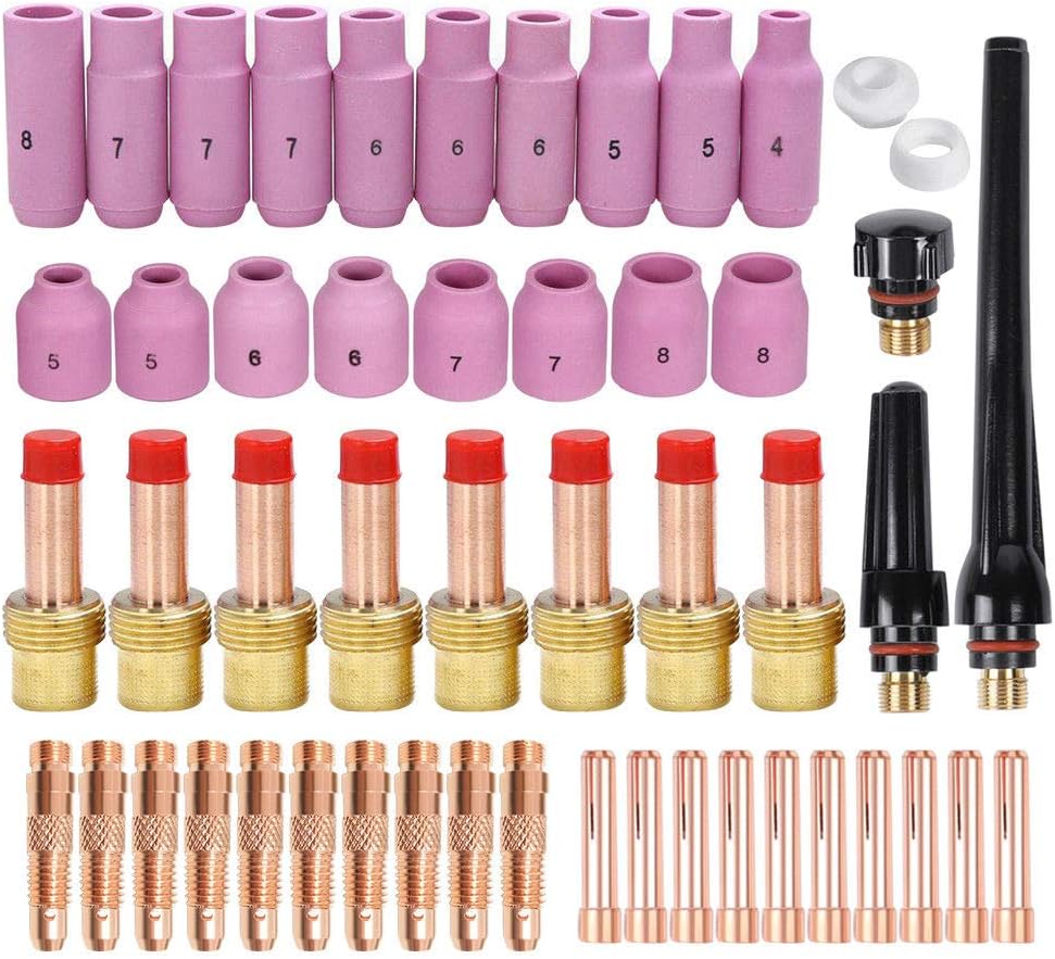 Alffun 51pcs TIG Welding Torches Gas Lens Kit Collet Body Alumina Nozzle Consumables Kit Fit WP-17 WP-18 WP-26 Series TIG Welding Torch Accessories