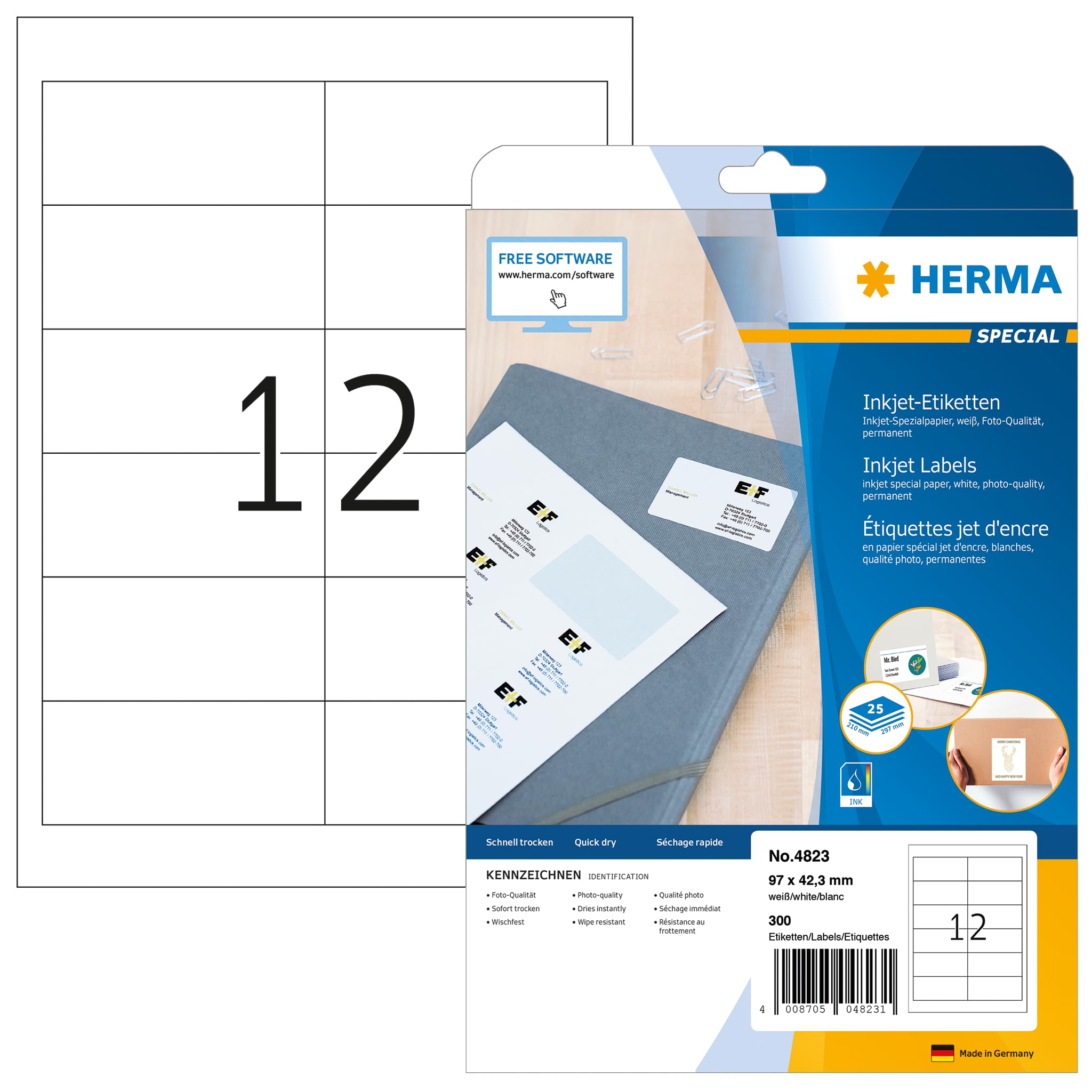 HERMA Self Adhesive Inkjet Address Labels, 12 Labels per A4 Sheet, 25 Sheets, 97 x 42.3 mm, 300 Labels, Blank Mailing Labels Stickers, Sticky Labels for Inkjet Printer, White