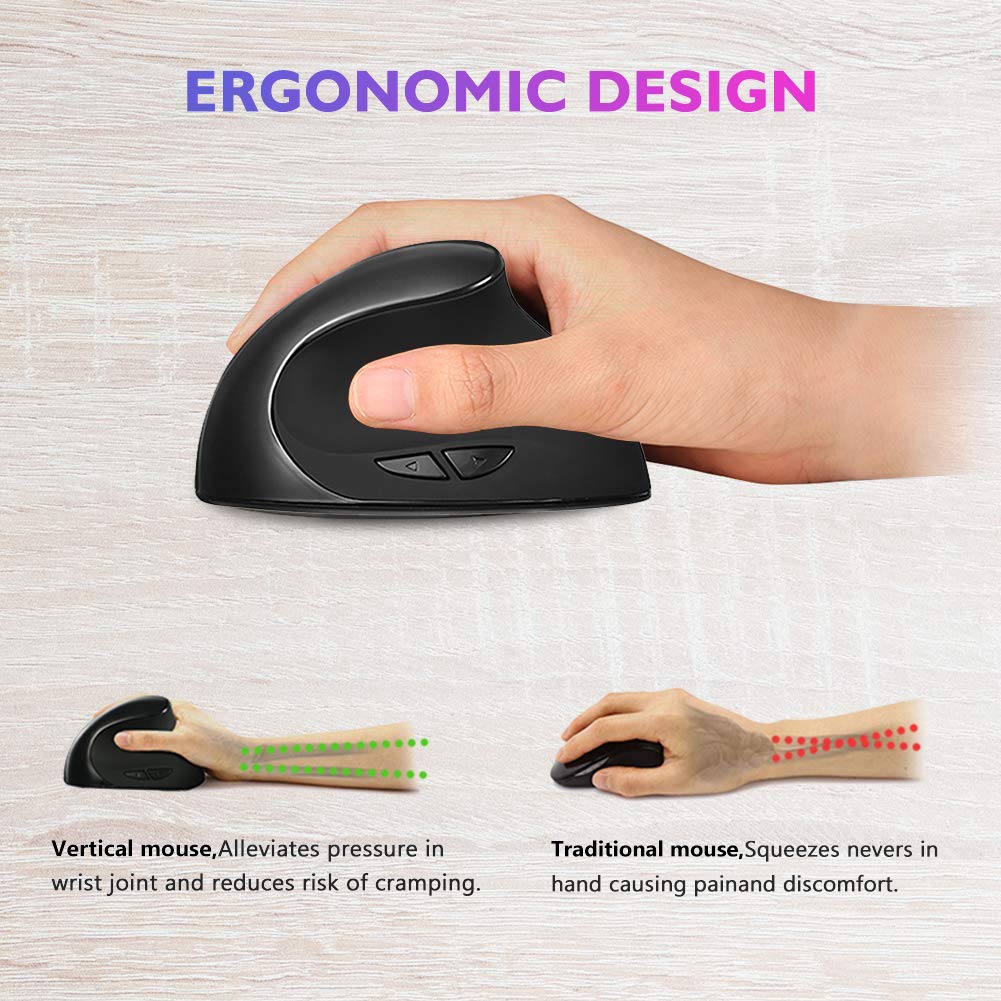 Ergonomic Mouse,Vertical Wireless Mouse, Rechargeable 2.4G Optical Vertical Mouse, 3 Adjustable DPI Levels, 6 Buttons Laptop, PC, Computer, Desktop, Notebook 【Small Hands】- Black