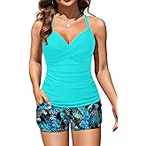 Womens Tankini Swimsuits with Shorts - Two Piece Tummy Control Bathing Suits Top with Two Pockets Swim Bottom