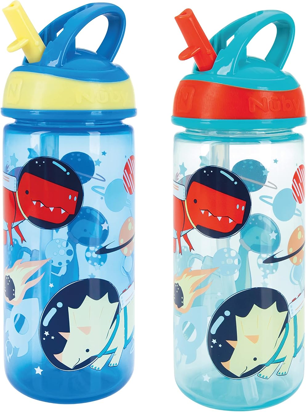 Nuby Super Flip Water Bottle 540ml 18oz No Spill Beaker Dinosaurs Pack of 2