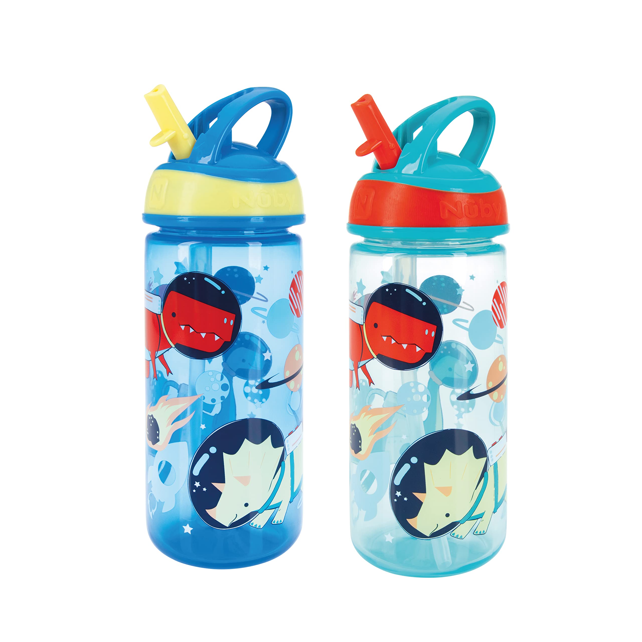 Nuby Super Flip Water Bottle-No Spill Active Toddler Sippy Cup|540ml/18oz |Carry Handle|Freeflow|Dishwasher, Steriliser Safe|Suitable Beaker for 18 Months Plus (Dinosaurs, Pack of 2)
