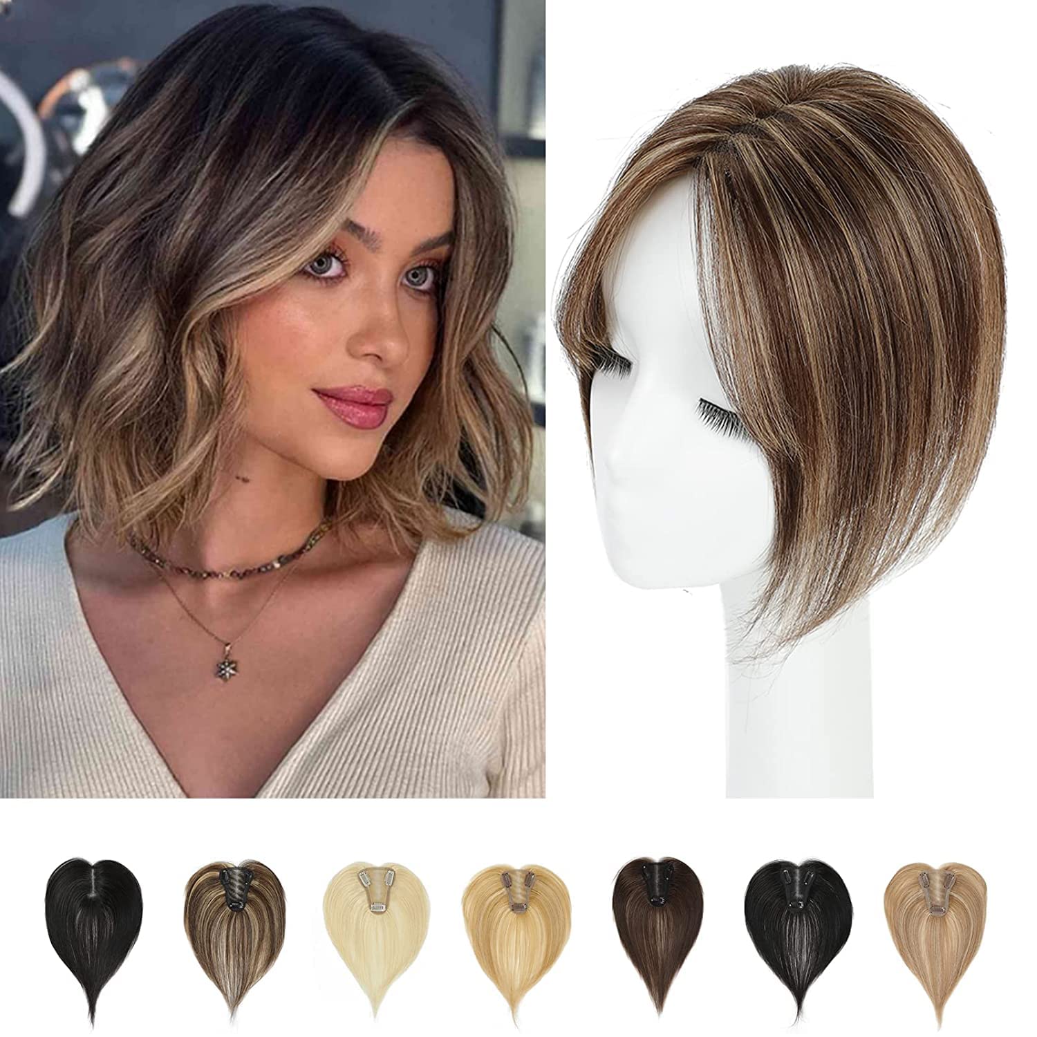 Hair Toppers for Thinning Hair Women Real Hair Pieces for Women Human Hair Topper Adding Extra Hair Volume Swiss Base Clip in Hair Extensions 10inch (Medium Brown Mix Blonde) — image 1