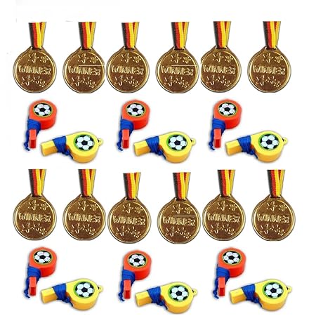 Kaufen-schenken-spielen 12 Fußball-Trillerpfeifen + 12 Medaillen Kindergeburtstag Sport Bunt