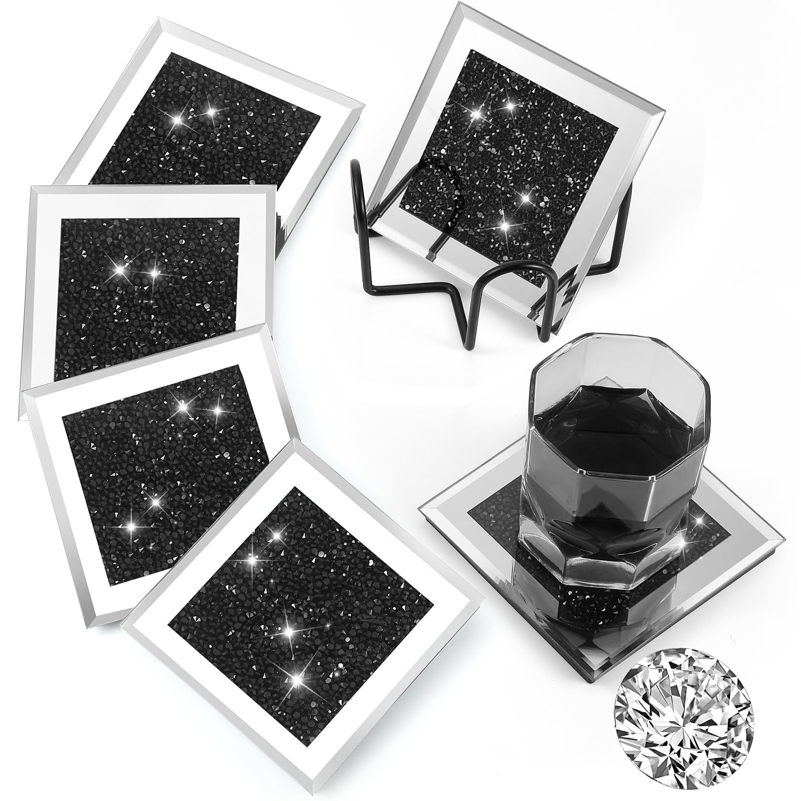 Jetec Crushed Diamond Home Decoration Glass Coaster Set of 6 with 1 Holder, Crystal Mirrored Diamond Coasters Housewarming Gifts for Home Kitchen Bar Table(Black) — image 1