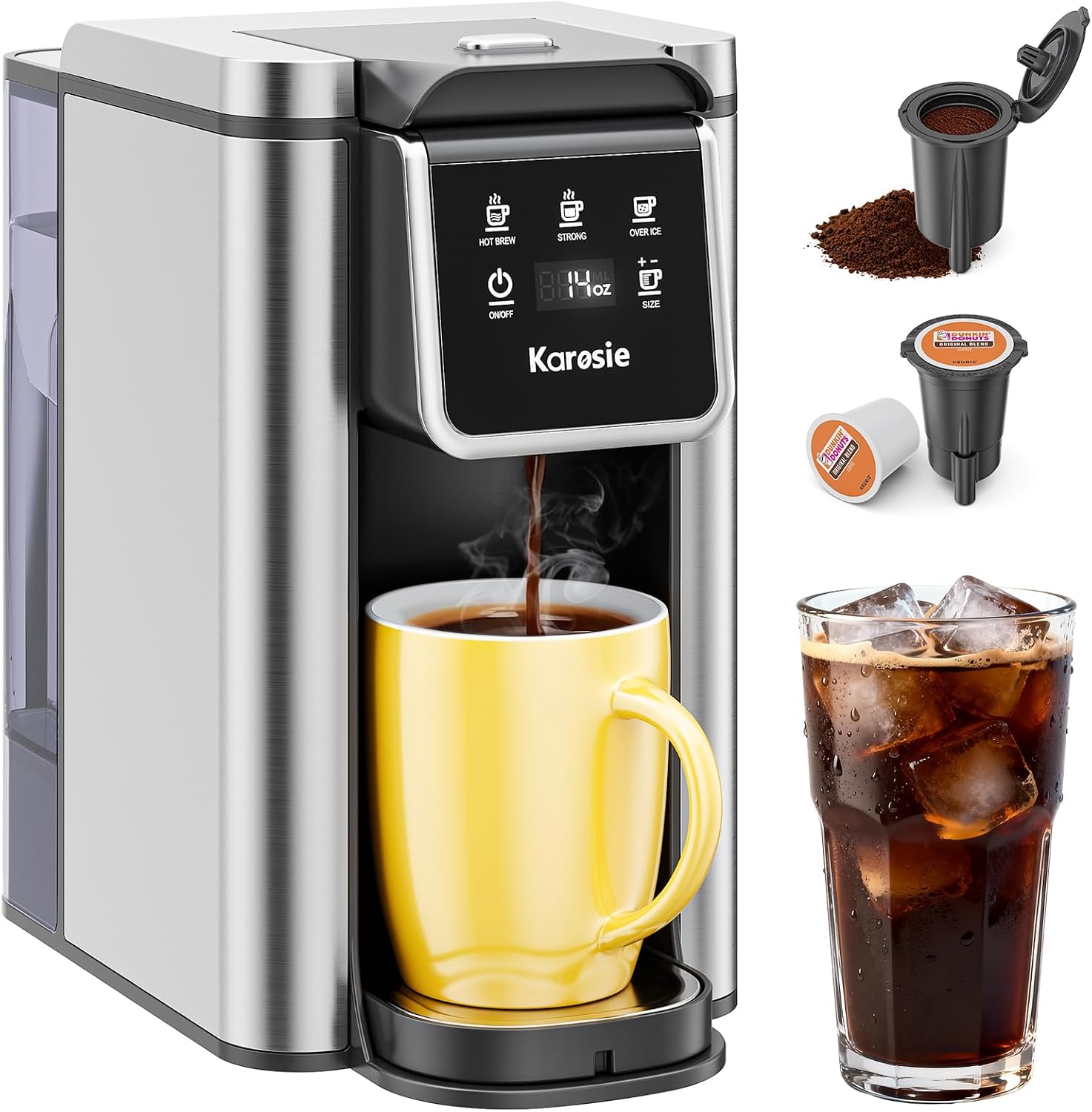 Karosie K Cup Coffee Maker, Hot & Iced Coffee Maker for K Cup and Grounds, 6-14 Oz Brew Sizes, 50oz Removable Tank, Single Cup Coffee Maker with Descaling Reminder, Stainless Steel, Black