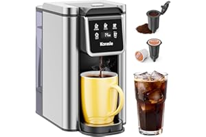 Karosie K Cup Coffee Maker, Hot & Iced Coffee Maker for K Cup and Grounds, 6-14 Oz Brew Sizes, 50oz Removable Tank, Single Cup Coffee Maker with Descaling Reminder, Stainless Steel, Black