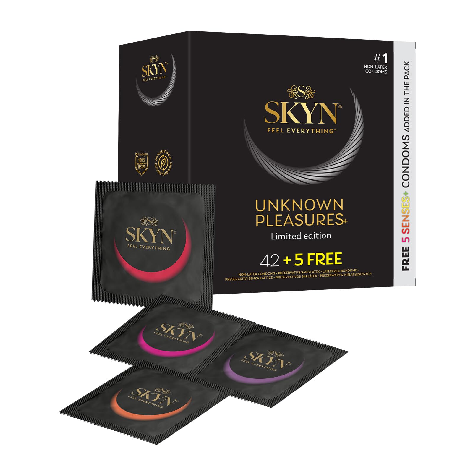 SKYN Unknown Pleasure Condoms Pack of 42 & 5 Senses Pack of 5 / Skynfeel Latex Free Condoms for Men, 6 x Intense Feel, 18 x Cocktail Flavoured, 6 x Tingling, 6 x Warming, 6 x Cooling
