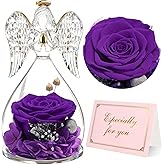 Yamonic Mom Birthday Gifts for Mom Grandma, Angel Figurines with Real Rose Gifts for Women Moms, Preserved Flowers Rose Glass Angel for Mothers Day Christmas Valentine's Day Gifts for Her(Purple)