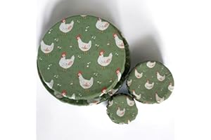 MAYBELLE JOY (4-Pack) Sourdough Reuseable Jar & Bowl Covers | Cute Baking Gift | 100% Cotton | Washable | Bread Proofing | Kitchen Food Storage Gifting | Starter Cover Lid Kit (Chickens)