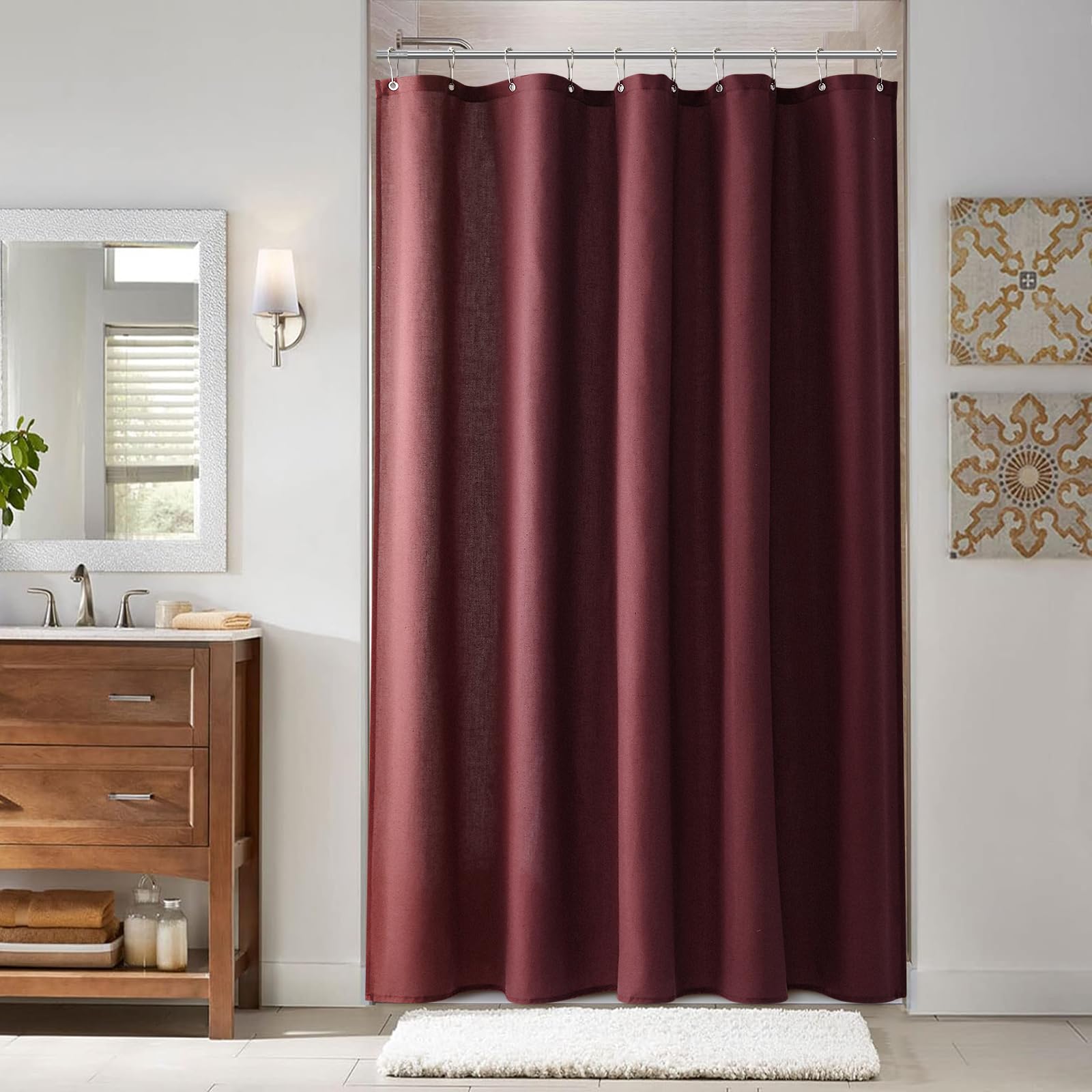 Naturoom 54 Inch Shower Curtain - Stall Narrow Half Linen Ultra Thick Fabric Shower Curtain Set with Hooks, Boho Farmhouse Rustic RV Camper Bath Curtains for Bathroom, Burgundy, 54x78 Image