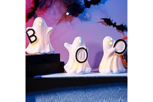 AOMOONOA Ceramic Ghost Decor with Boo, 3Pcs Light Up Ghost Figurine Halloween Decor, Small White Spooky Ghost Statues for Halloween Party Table Centerpieces, Shelf Decoration