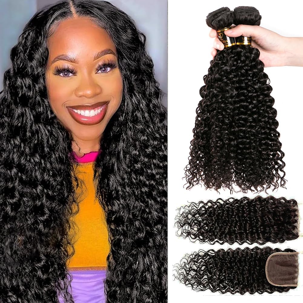 Human Hair Bundles with Closure (10 12 14+10) Wet and Wavy 100% Unprocessed Brazilian Virgin human hair 3 Bundles with 4x4 Lace Closure Free Part Curly Wave Hair Extensions