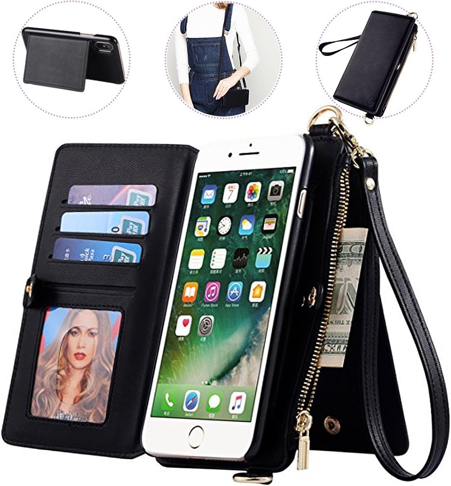 iPhone 8 Plus Wallet Case with Crossbody&Wrist Strap,Auker 2 in 1 Detachable Leather Wallet Case Flip Stand Folding Purse Message Bag with 12 Card Holder&Zipper Money Pocket for iPhone 7 Plus (Black)