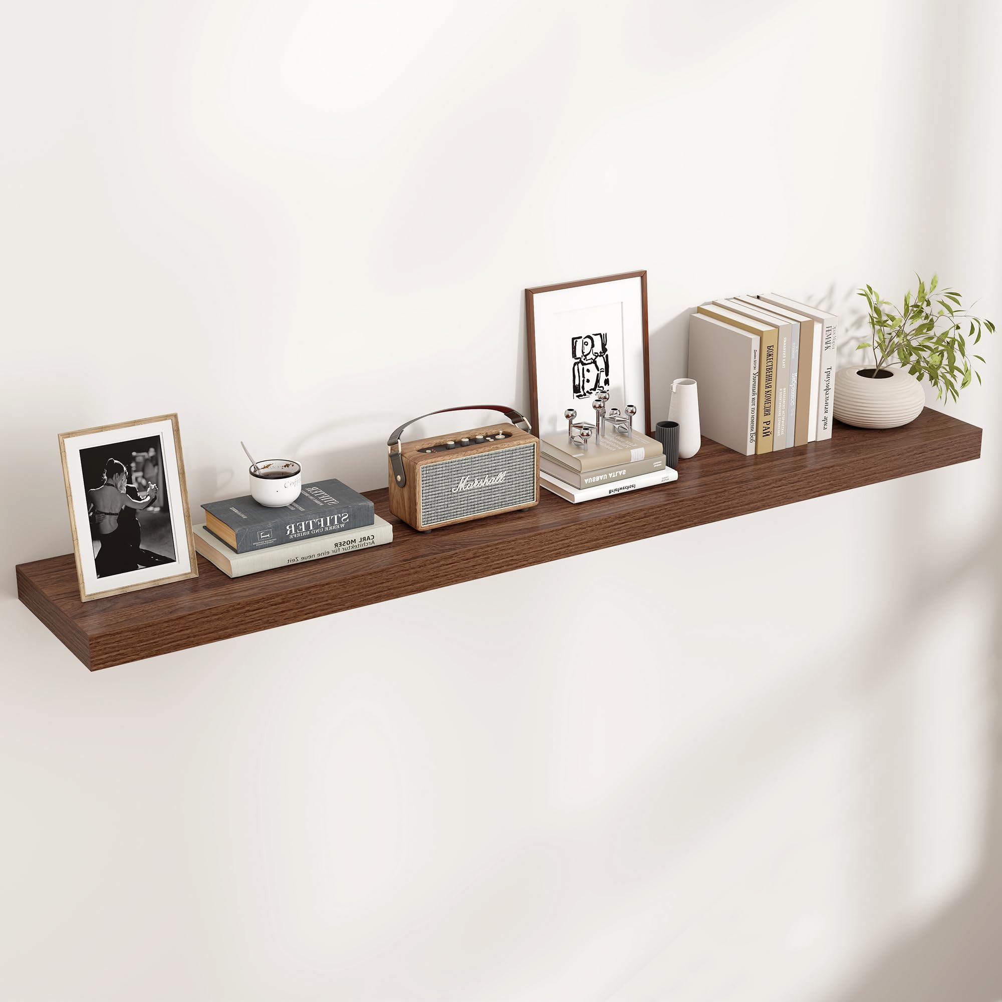 Photo 1 of ****USED + MINOR DAMAGE***Venusmiles Floating Shelves for Wall, Large Wall Mounted Shelves with Invisible Brackets, Long Wood Floating Shelf for Living Room, Bedroom, Kitchen, (Walnut, 55" W x 9" D x 1.5" H)