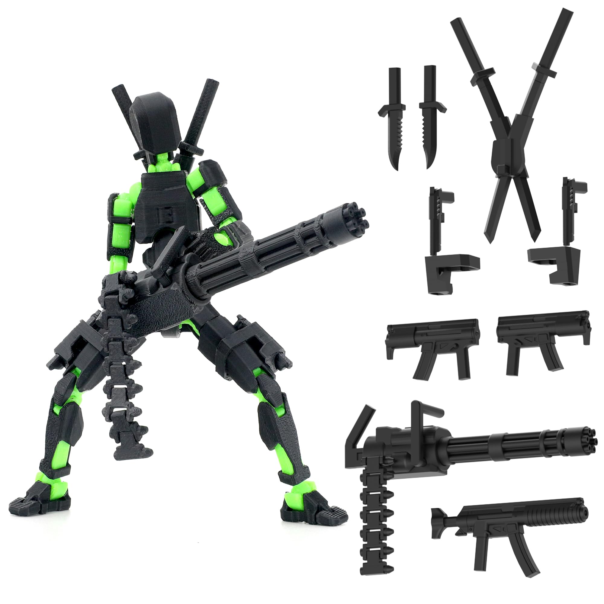 Gatling Gun T13 Titan 13 Action Figure Set【Assembled】, Robot Action Figure 3D Printed robo 13 Action Fidget Toys Dummy Figure Articulated, Lucky 13 for Collectors Desktop Decorations (Black-Green)