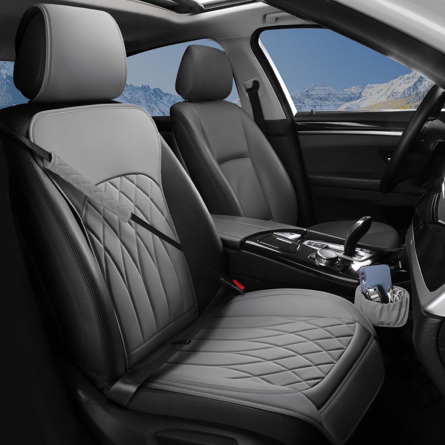 Photo 1 of 1 Pack Leather Front Car Seat Cover, Universal Sideless Car Seat Protector with Storage Pocket and Seat Belt Pad, Waterproof Automotive Seat Cover Cars Trucks SUV(Grey)