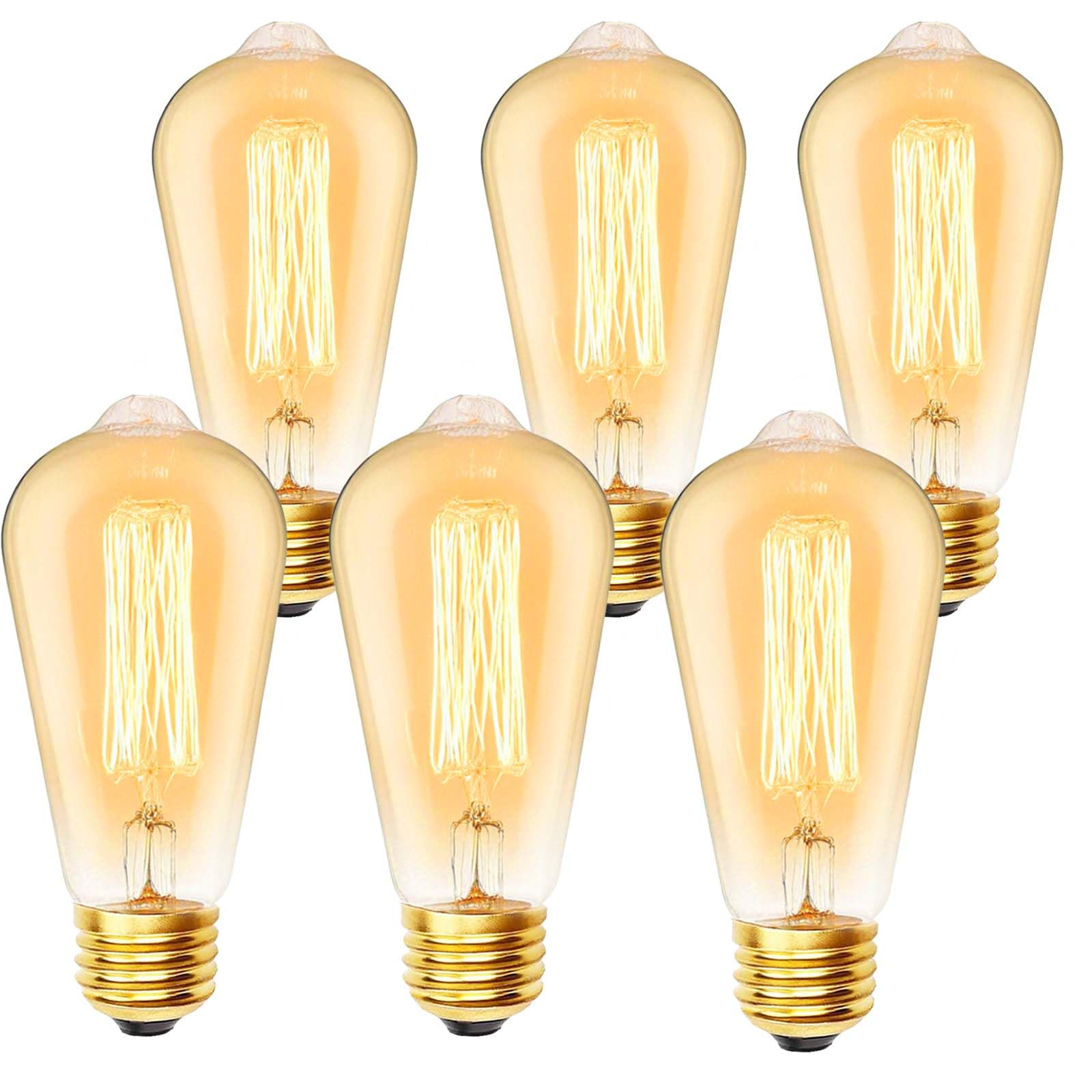 JQslight E27 Edison Screw Bulb 60W，St64 Vintage Light Bulbs，2700K Warm White Dimmable， 600LM， Amber Retro Style Energy Saving Filament Decorative Bulbs，6-Pack.