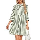 Ladyful Women's 3/4 Sleeve Plaid Mini Dress Gingham Button Down Crewneck Casual Checkered Tunic Shirt Dress