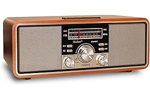 Oncheer Retro Vintage FM Radio for Home, Wood Speaker Radios with Bluetooth TWS Pairing, Dual Horns Loud Sound, Battery Powered, Room Shelf Classical Decor Support TF Card/USB Player/AUX in