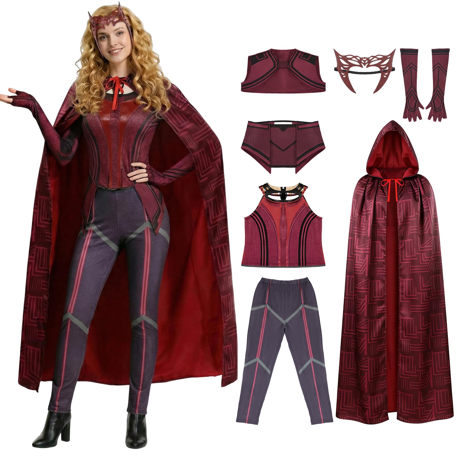 SINSEN Women's Wanda Maximoff Costume Scarlet Witch Cosplay Pant Suit Cloak Outfit Headpiece for Halloween Party Carnival L