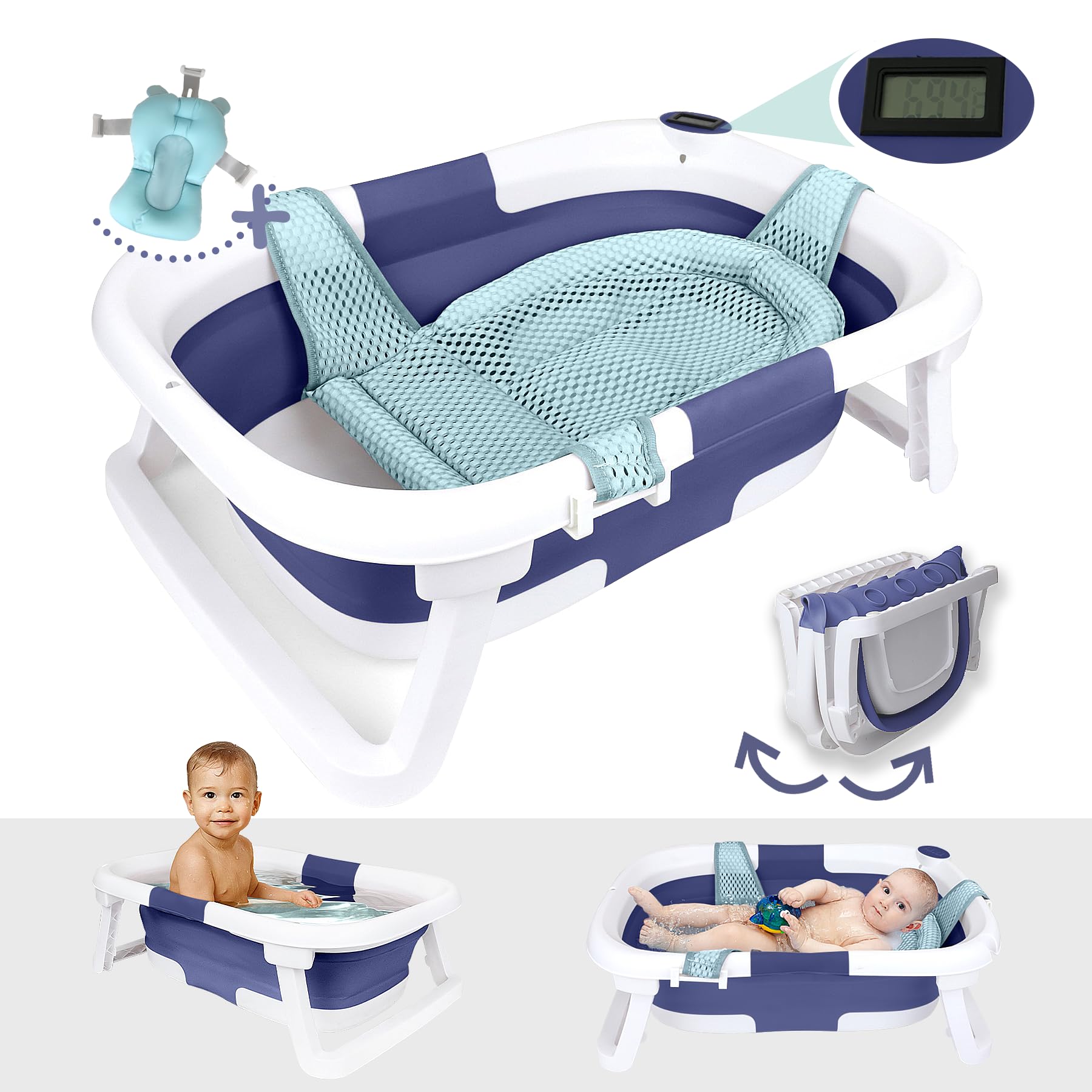 Photo 1 of BEBELEH™ Collapsible Baby Bathtub with Thermometer – Bathtub + Baby tub Sling + Newborn Sling – Baby Bathtub Newborn to Toddler 0-24 Months – The Ultimate Baby Bath tub! (with Thermometer,Blue)