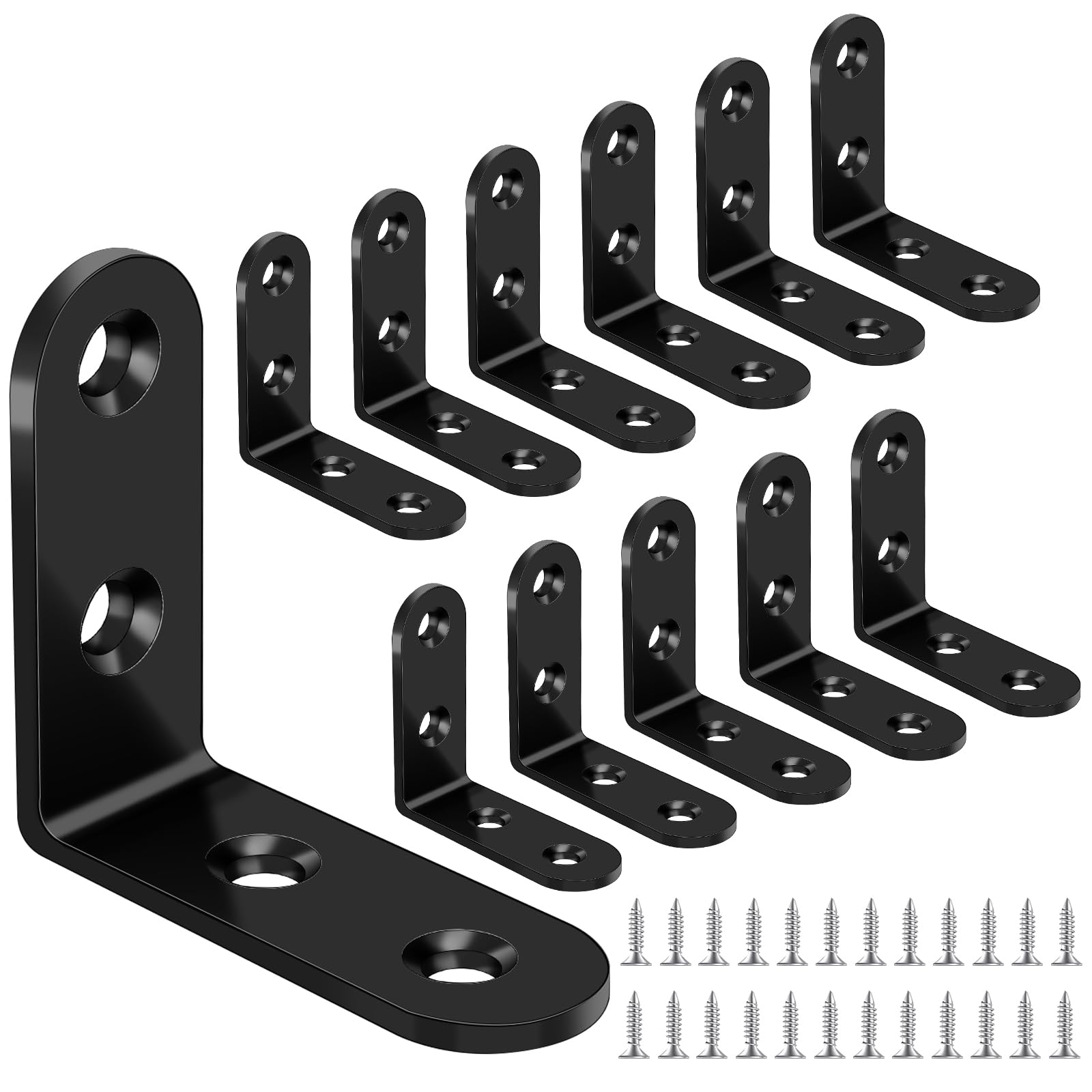 Yeepeo 12 Pcs Corner Brackets 50 × 50mm, Black Right Angle Carbon Steel L Bracket Corner Brace with 48 Screws for Wood Furniture Fixation