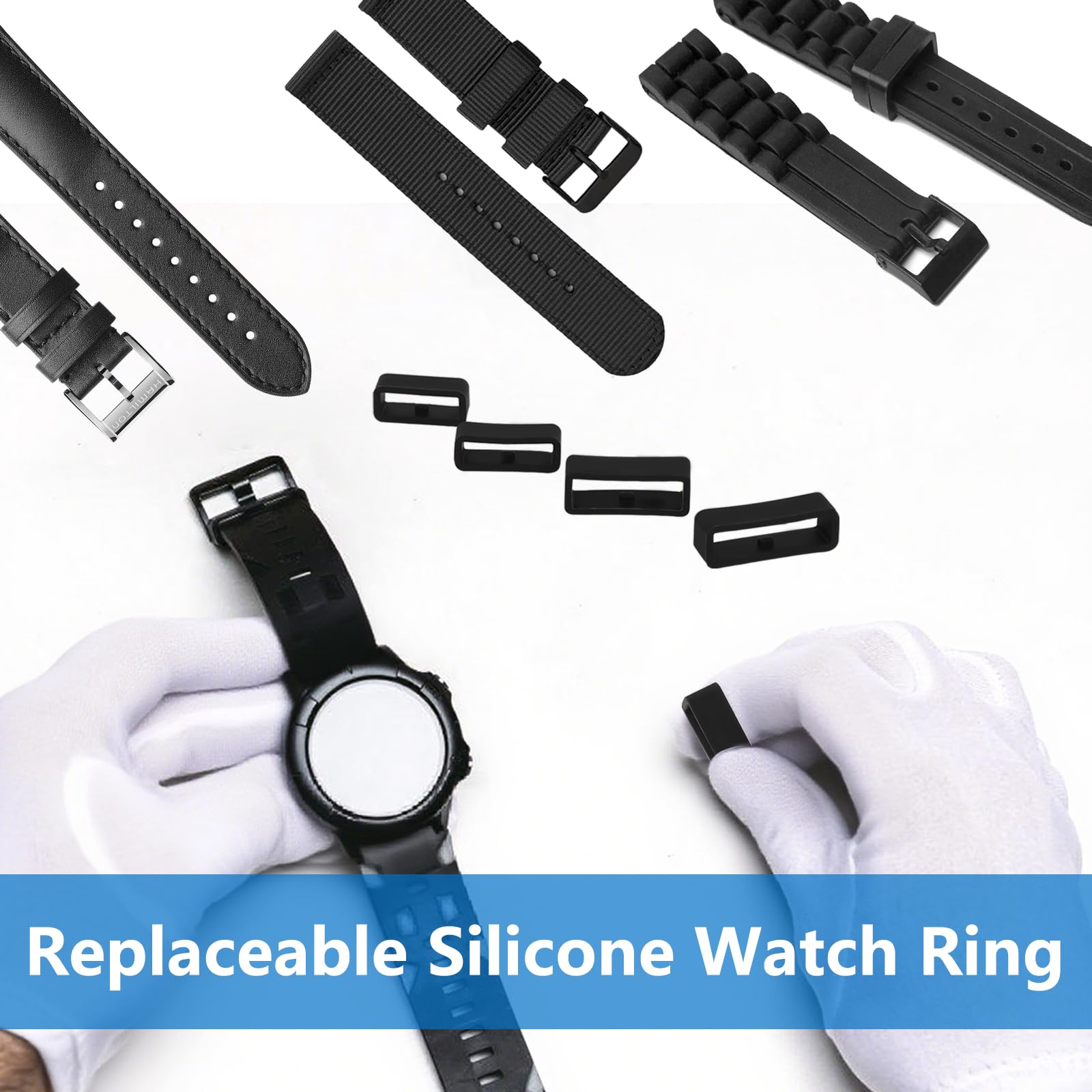 Vnsuyo 6 Pcs Watch Band Keepers, 16mm/18mm/20mm/22mm /24mm/26mm Watch Strap Holder Loops Retainer, Black Silicone Watch Band Fastener Rings Replacement Parts for Smart Sport Watches