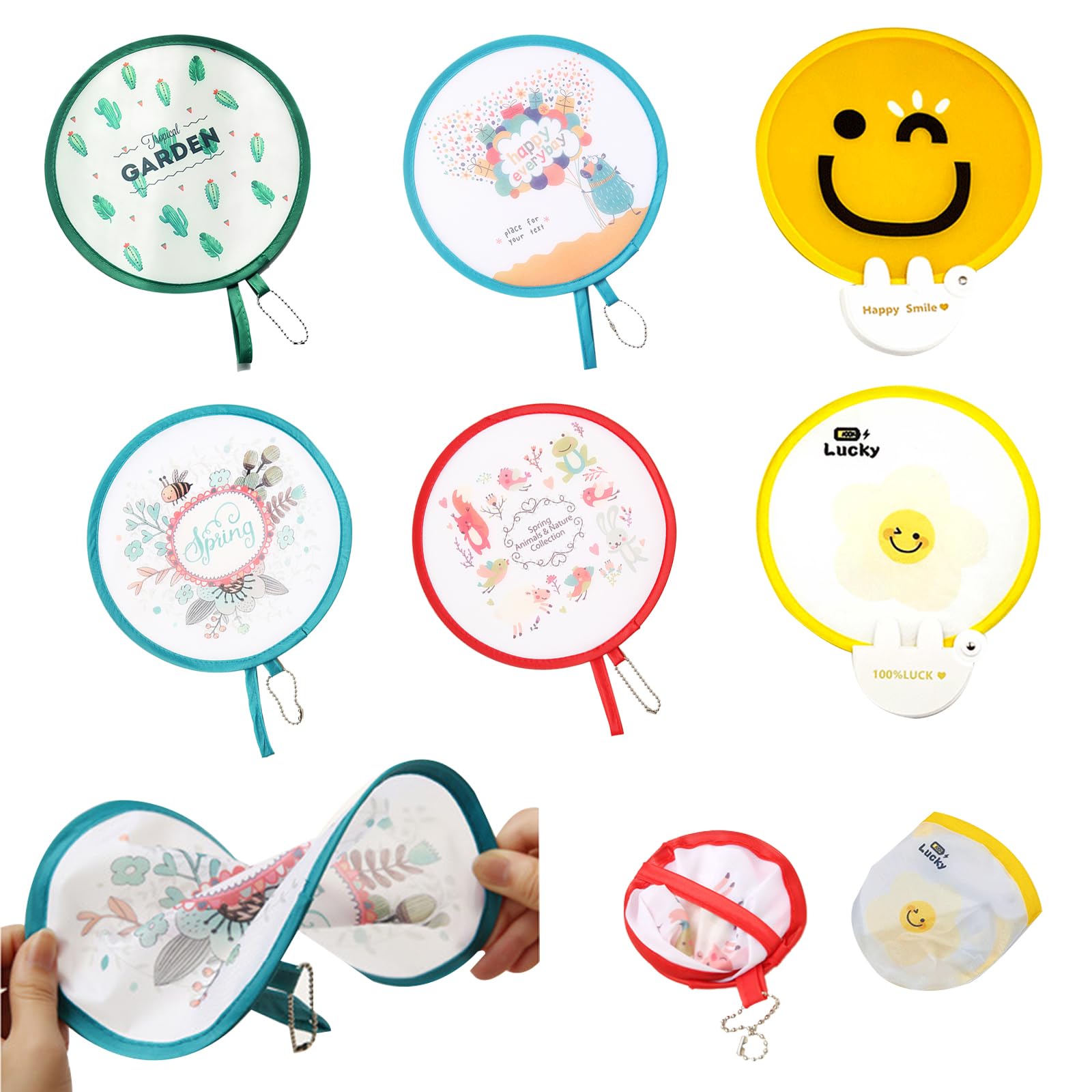 BSITSSS 6PCS Foldable Fan Round Folding Hand Fan Summer Festival Handheld Folding Fan Portable Beautiful Patterns Display Fans, Round Hand Fan for Home Personal Decoration Party Wedding
