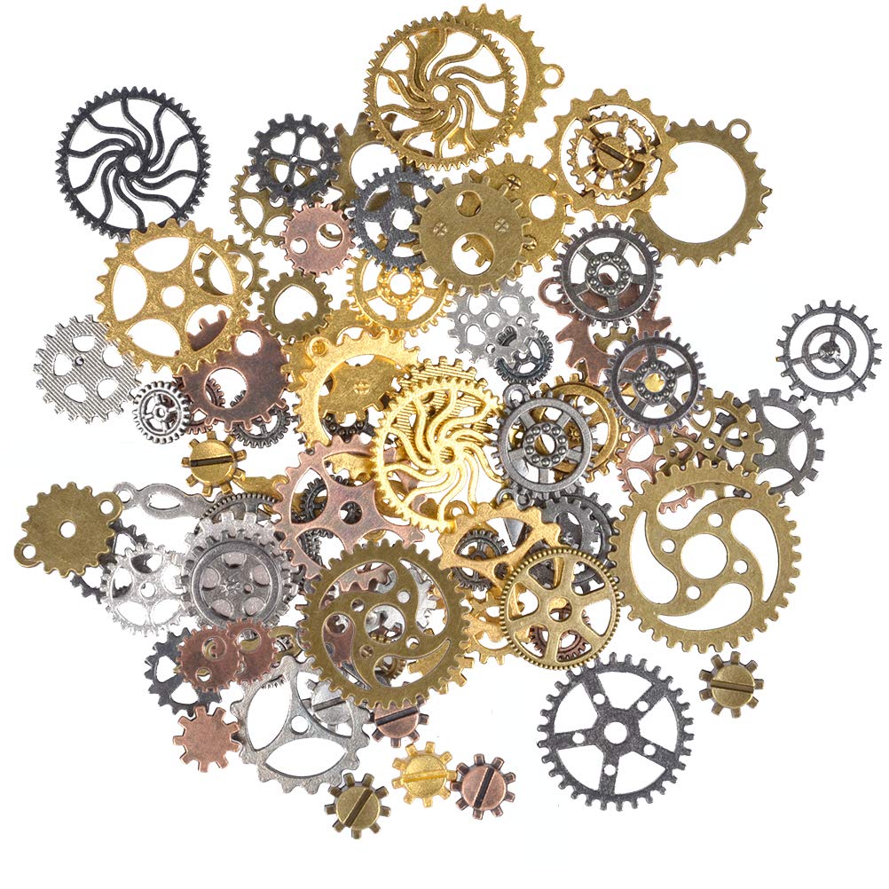 FOCCTS Jewelry Cogs 100 Grams Assorted Antique Steampunk Gears Charms Cogs, for Jewelry Making Accessory & Crafting, Mixed Colors