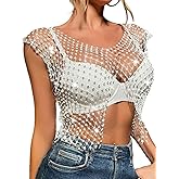 Nicute Women Sexy Mesh Rhinestone Top Sheer See Through Crop Top Sparkly White Crystal Bikini Cover Up Nightclub Cropped Tops
