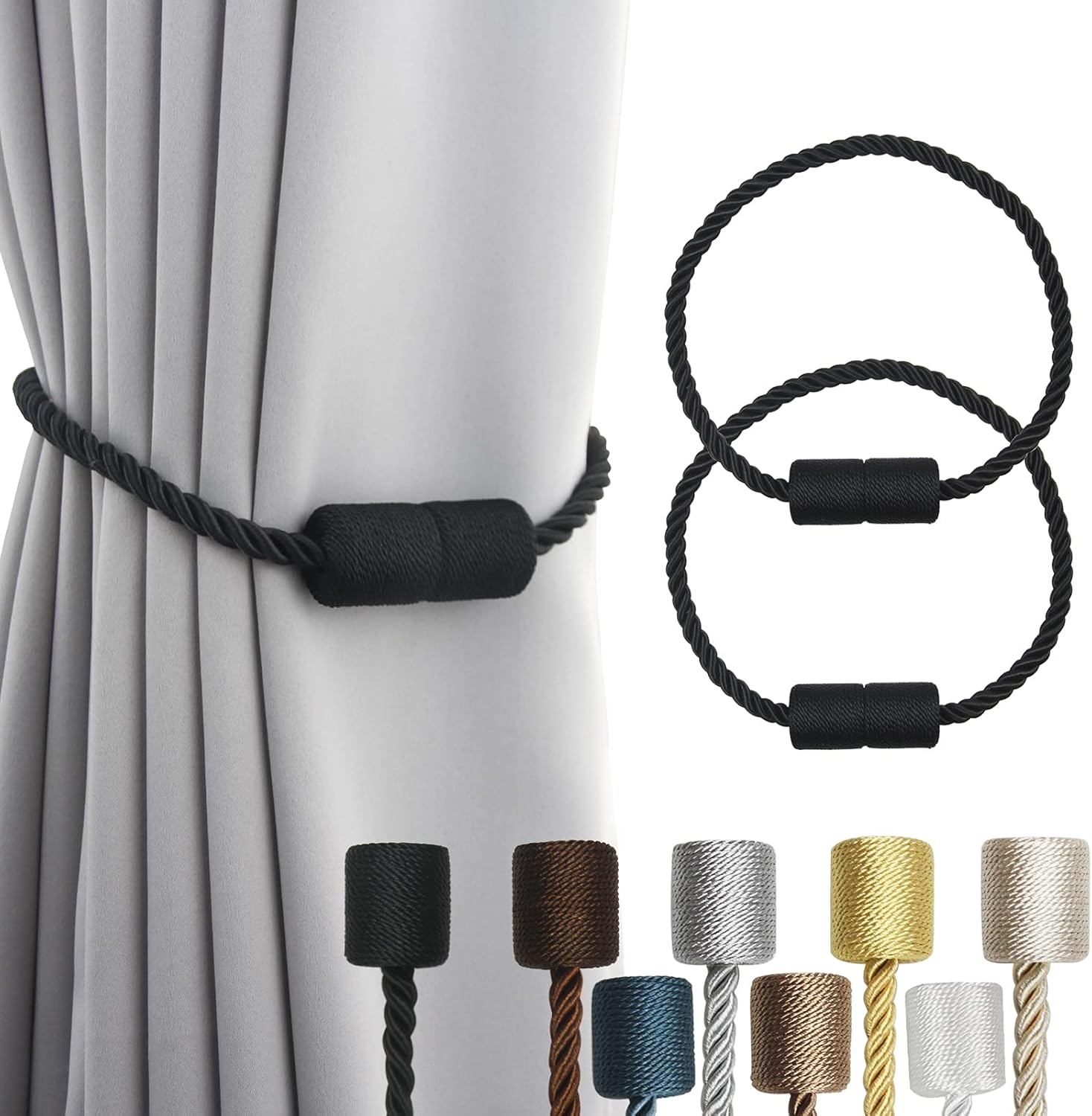 Window Treatment Hardware - Porlau 2 Pack Black Strong Magnetic Curtain Tiebacks Outdoor Elegant Decorative Tie Backs Modern Rope Tiebacks for Drapes Window Curtain Holdbacks for Draperies