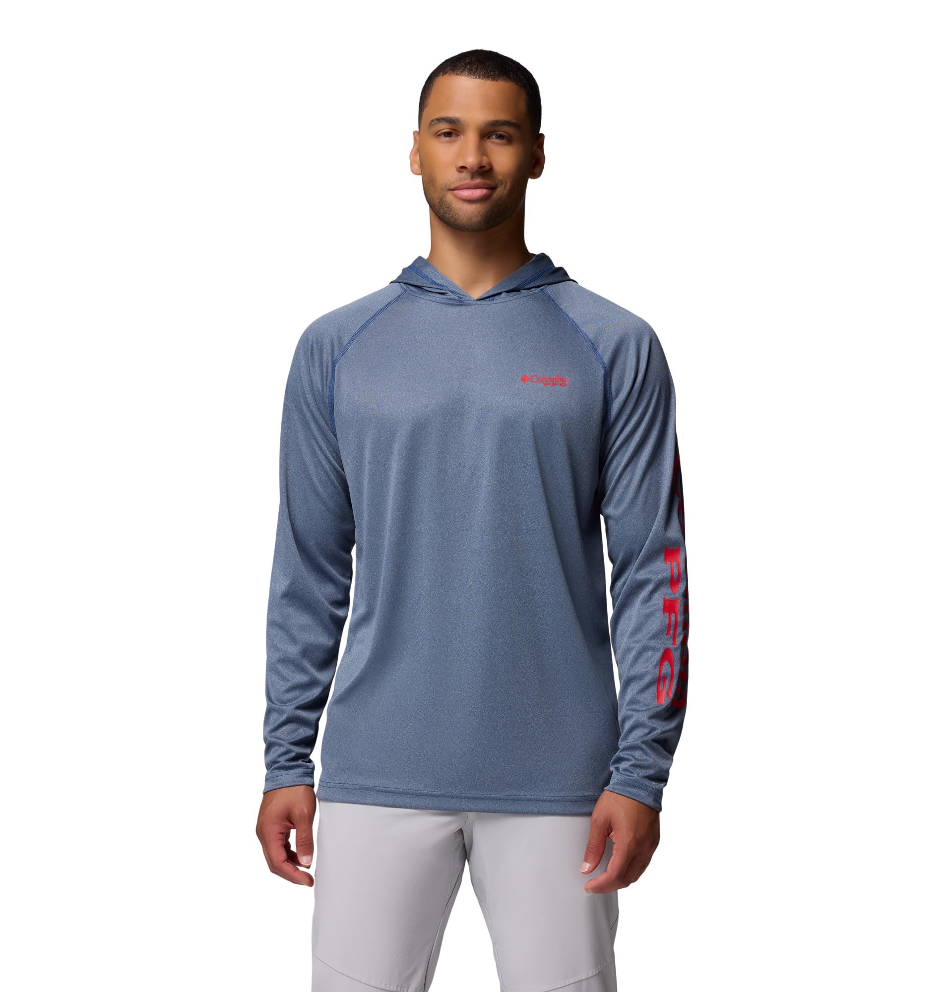 Columbia Mens PFG Terminal Tackle Long Sleeve Fishing Hoodie, Carbon Heather/Red Spark Logo, X-Small Image