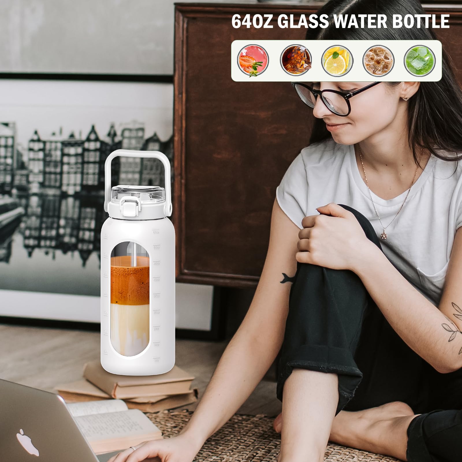 Bluego 64oz Glass Water Bottles With Straw Time Marker Half - View #4