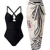 SNYBRECE Women's One Piece Tummy Control Swimsuit with Skirt Retro Slimming Bathing Suit Set with Wrap Cover Up