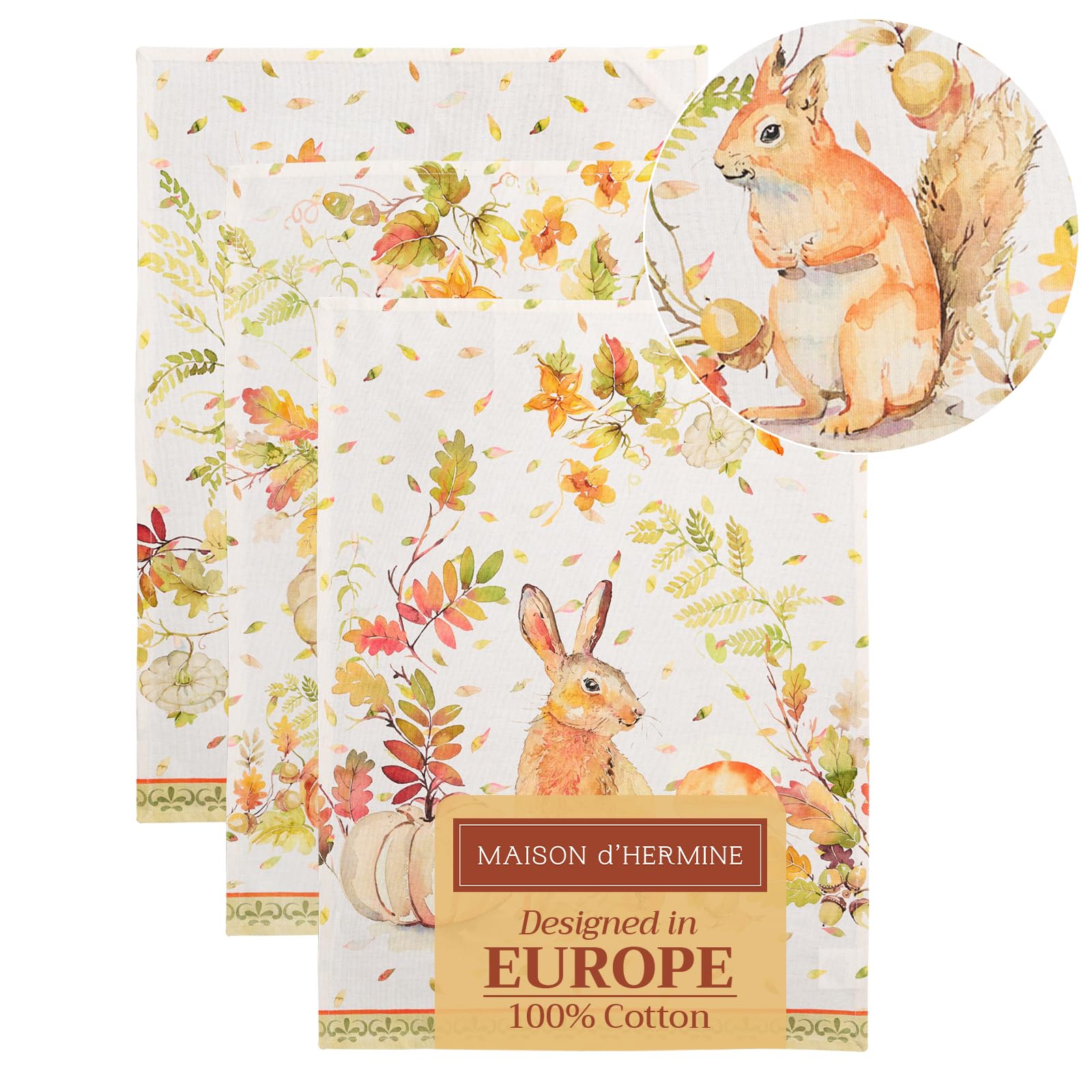 Maison d' Hermine Kitchen Towels Set of 3 100% Cotton 70 CM x 50 CM Reusable Cloth Tea Dish Towels Absorbent with Hanging Loop for Kitchen Dining Christmas Decorations (Pumpkin Passion)