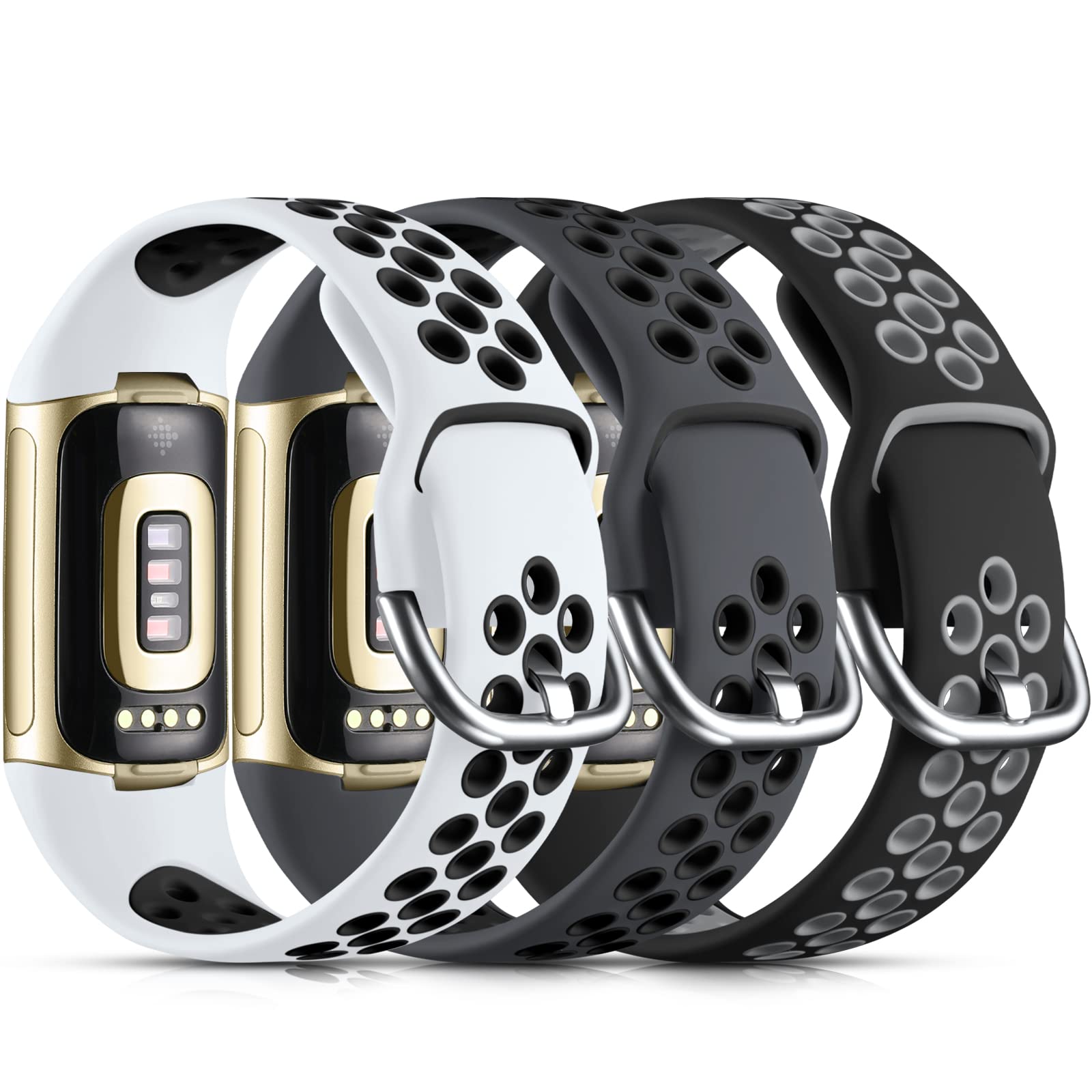 Photo 1 of Maledan Compatible with Fitbit Charge 6 Bands/Fitbit Charge 5 Band for Women Men, Silicone Band Sport Wrist Strap for Charge 5 and Charge 6 Watch Accessories, Coal Black/White Black/Black Gray, Large
