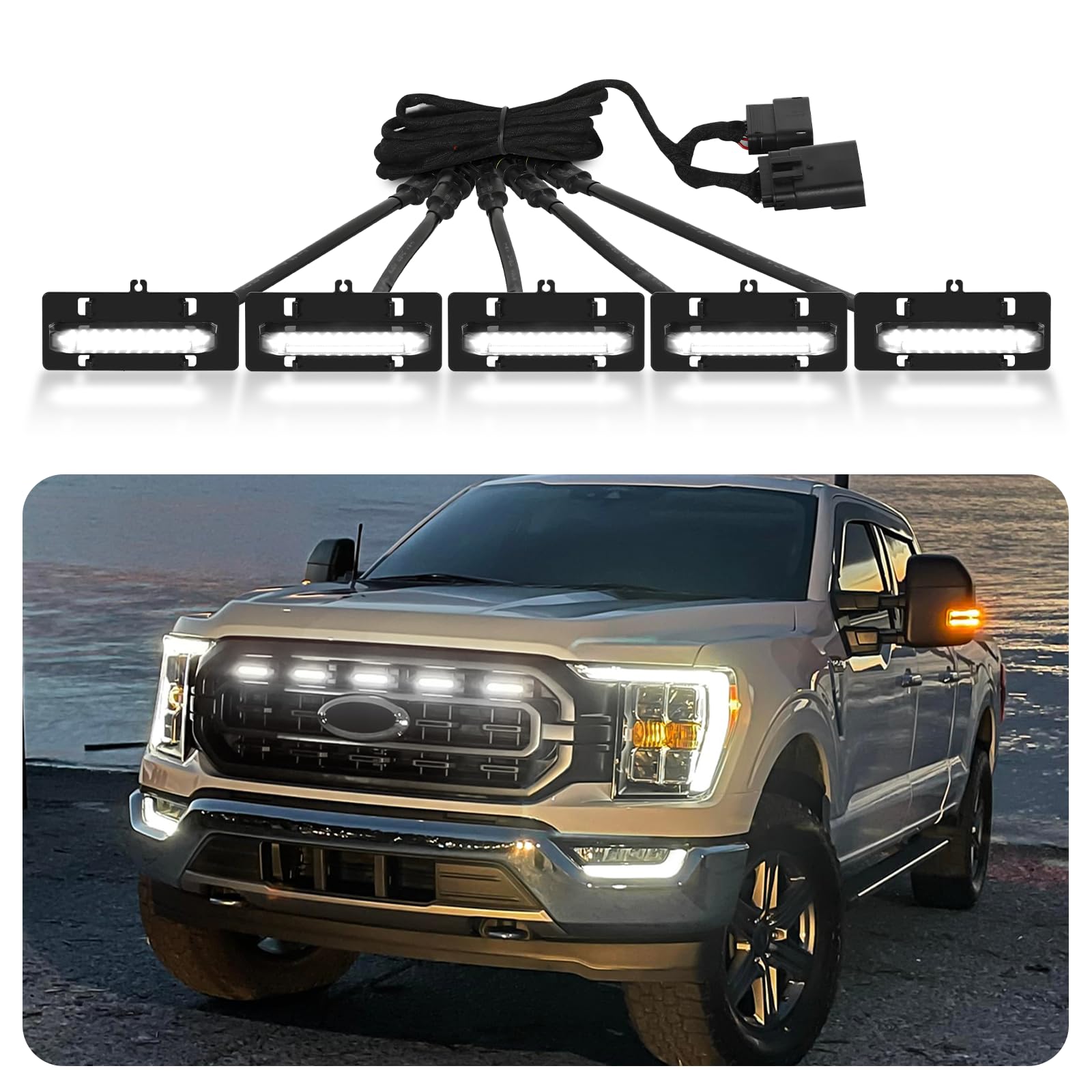 LED Grille Lights For 2021-2023 Ford F150 XL/XLT With OEM LED Headlights - Yellow Raptor Style Lights